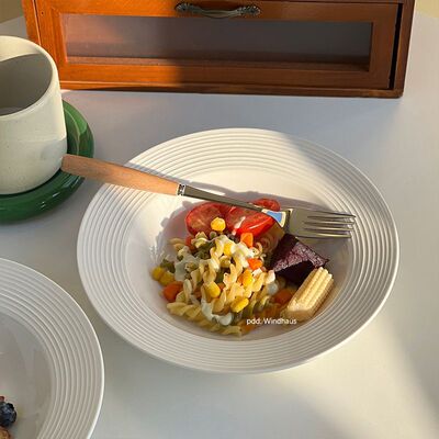 博主同款螺纹草帽盘白色家用陶瓷餐具甜品碗西餐意面盘深盘子