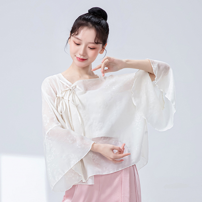 新中式古典舞蹈服女夏季新款宽松丝绵提花国风盘扣身韵练功服上衣