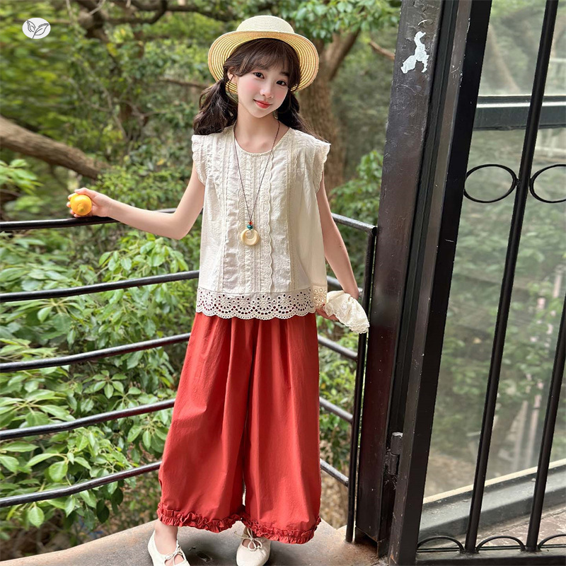 女童套装2025夏季新款镂空蕾丝无袖上衣花边直筒裤两件套中大童潮，童装休闲套装，祺儿童装