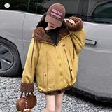 女童2025年冬季新款英文字母连帽羊驼绒两面穿棉外套女孩加绒棉服，童装棉衣，祺儿童装