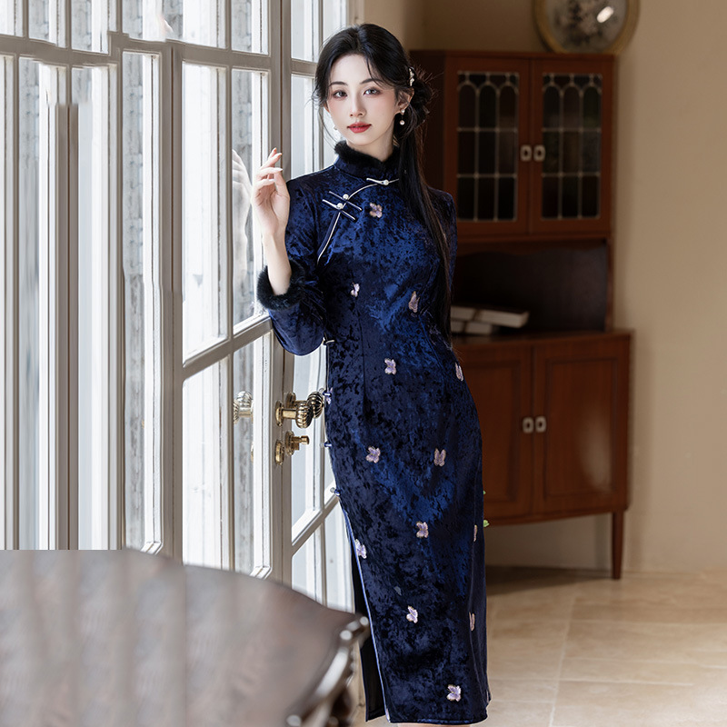 丝绒加绒加厚冬装国风新中式长款长袖改良旗袍年轻款女复古秋冬季