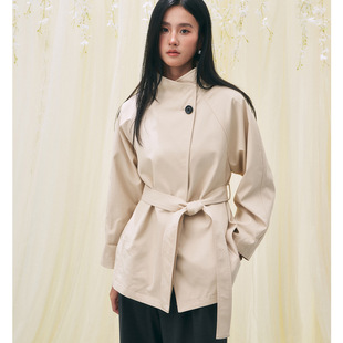 翡格依2026春季新款韩系巴恩风立领小个子系带中长款风衣外套女