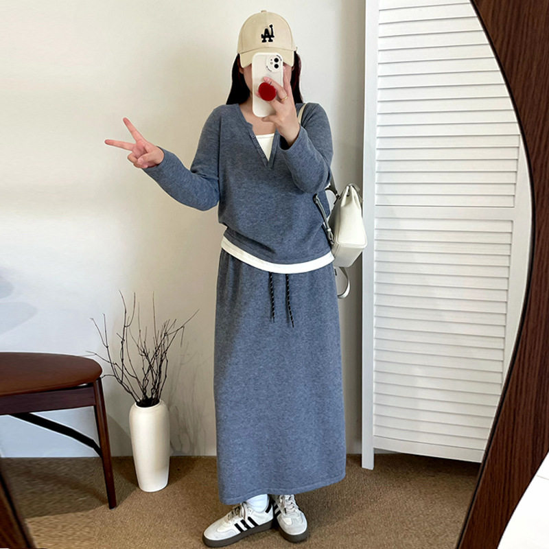 休闲针织套装假两件上衣女半裙