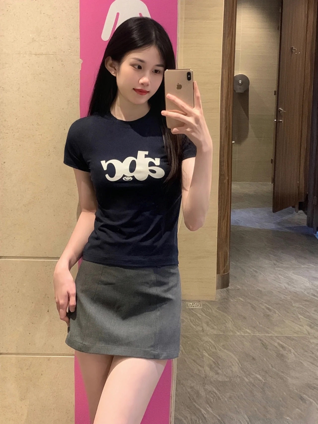 藏青色短款正肩短袖t恤女夏季美式复古修身显瘦小个子百搭上衣潮