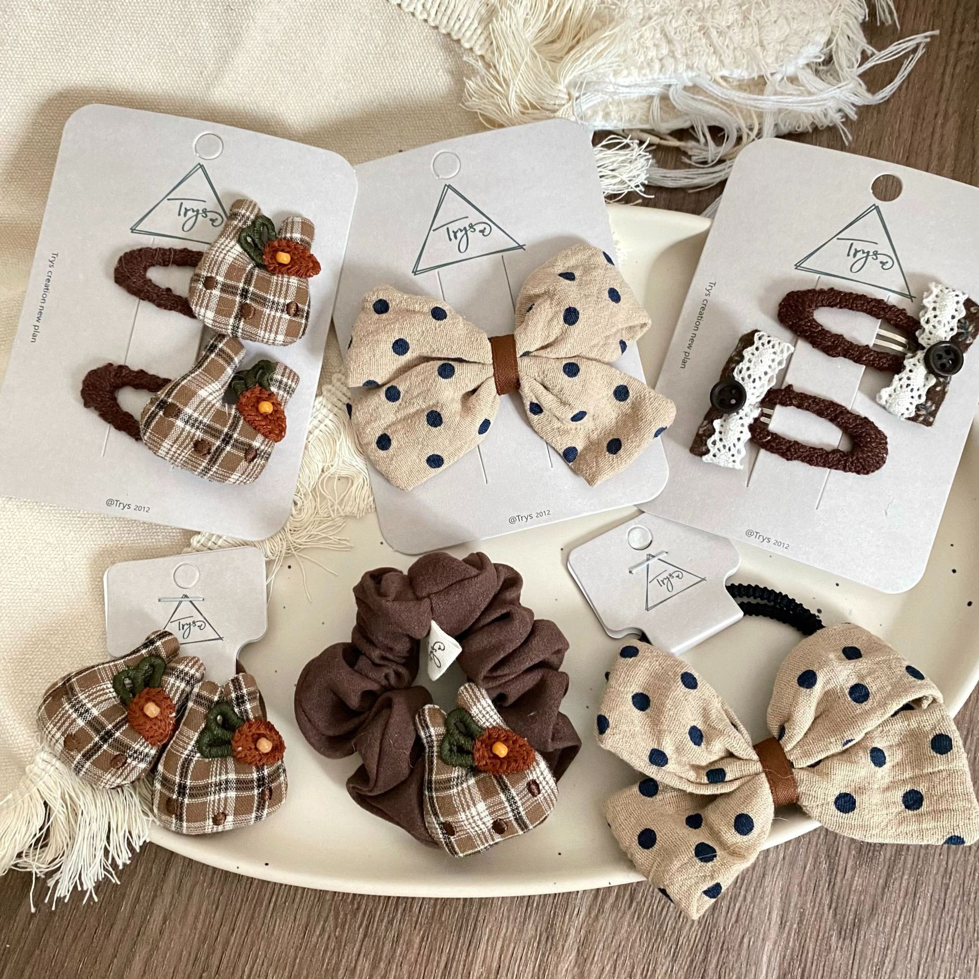 新款卡其波点格纹小兔儿童发夹发圈发卡边夹皮筋