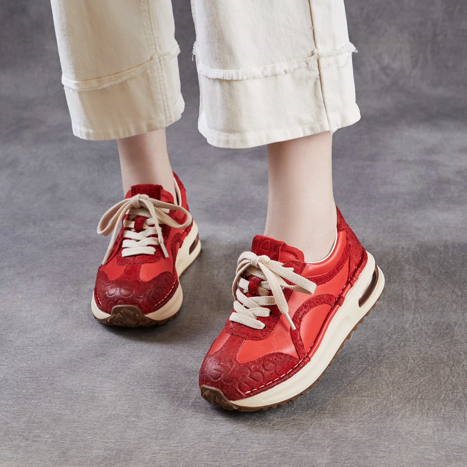 头层牛皮复古红色阿甘鞋女26春季新款厚底百搭气垫运动系带休闲鞋,女鞋,浅口单鞋,淘宝优惠券,粉丝福利购,淘宝优惠卷
