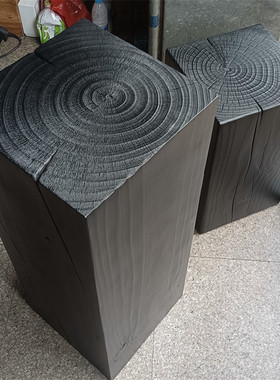 侘寂风碳化黑色原木墩子民宿方形木墩摆件树桩创意实木家用圆矮凳