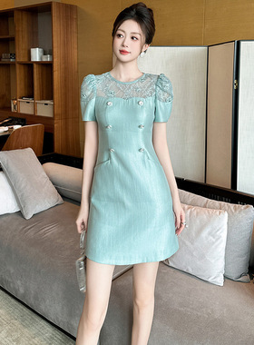 小个子a字连衣裙女2025新款夏季清新气质双排扣收腰茶歇裙子30964