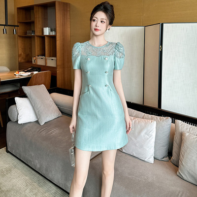 小个子a字连衣裙女2025新款夏季清新气质双排扣收腰茶歇裙子30964