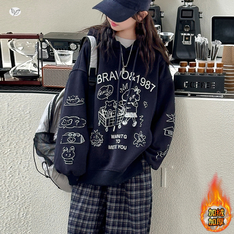 女童2025年秋冬新款简笔涂鸦字母卫衣女大童潮范卡通加绒保暖套装，童装休闲套装，祺儿童装