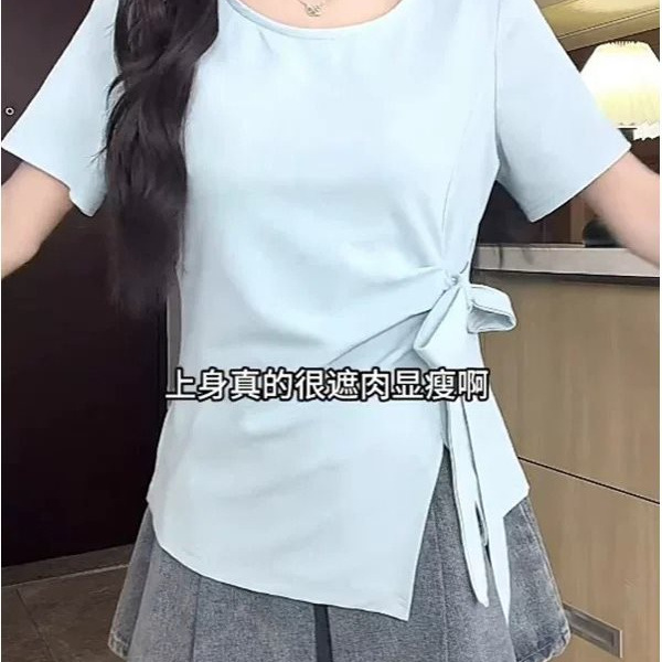 大码微胖休闲不规则体恤短袖T恤女2025新款夏季胖 MM遮肉显瘦上衣