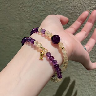 天然乌拉圭紫水晶手串双圈黄阿赛小众设计轻奢招财水晶手链