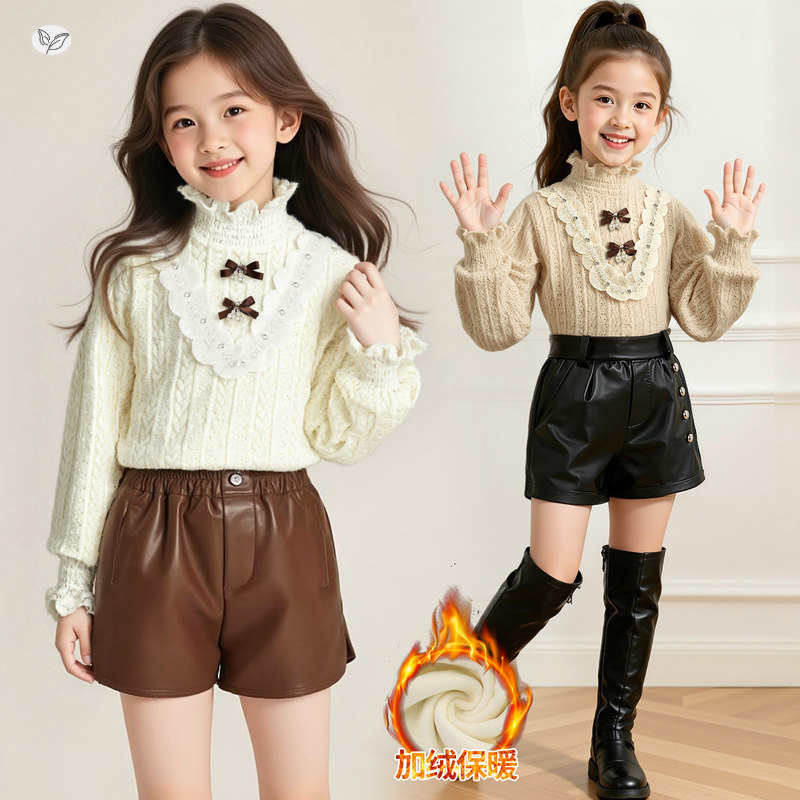 女童百搭打底衫2025年秋冬新款加绒镶钻花边上衣长袖内搭中大童潮，童装外套，祺儿童装