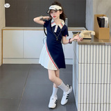 女童连衣裙2025夏季新款运动风polo领织带T恤裙中大童洋气百褶裙，童装连衣裙，祺儿童装
