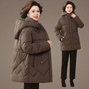 中长款保暖棉服女中老年妈妈冬装连帽外套加厚上衣收腰显瘦棉袄子