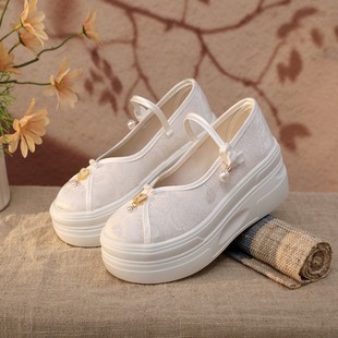 新中式绣花鞋女新款厚底一字带高跟学生表演古风汉服鞋汉元素布鞋