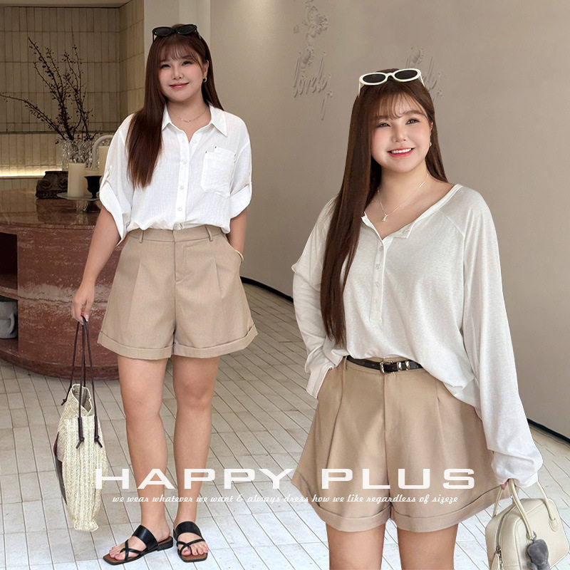 happyhut加肥加大码女装200斤胖mm夏薄款短裤高腰卷边A字西装短裤