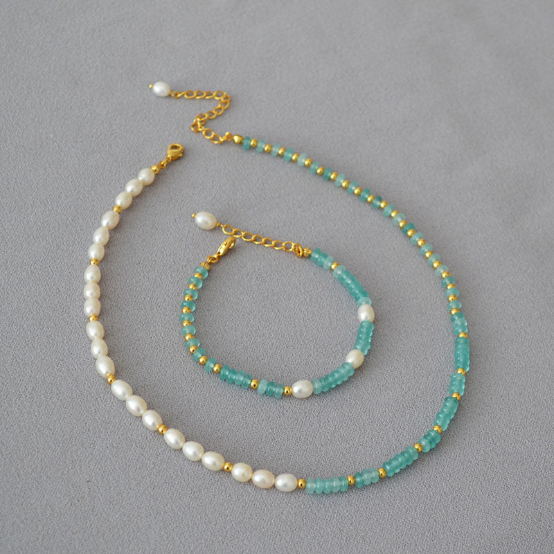 小众设计清凉湖蓝色真石串珠淡水珍珠拼接个性森系气质项链手链