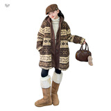 女童加厚外套2025年秋冬新款中大童森系提花连帽毛毛衣中长款棉衣，童装外套，祺儿童装