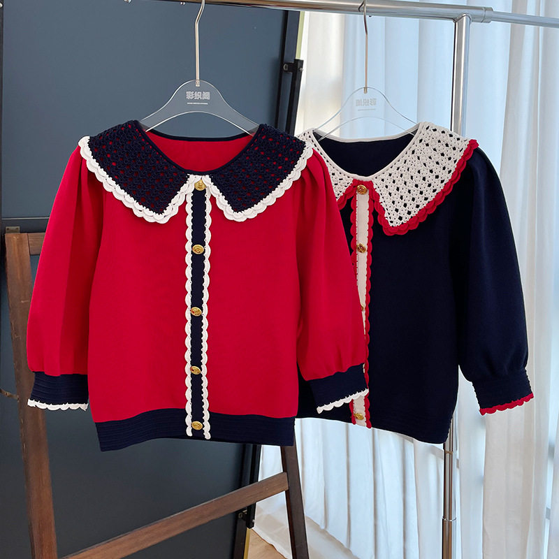 英卓家2022秋季新款法式甜美学院娃娃领泡泡袖撞色针织衫女220401