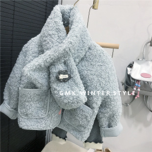 外贸皮毛一体外套秋冬女儿童加绒加厚保暖羊羔绒外套带围巾毛毛衣