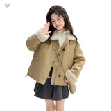 女童加绒外套2025年冬季新款中大童韩系派克服毛毛拼接棉衣夹克衫，童装外套，祺儿童装