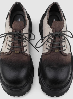 美拉德风反绒皮擦色拼接设计真皮休闲大头鞋7cm厚底德比鞋