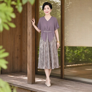 假两件裙子夏季V领收腰显瘦气质中长款中老年女装妈妈装时尚套裙