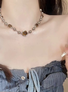 秋冬甜酷风美拉德虎眼石串珠项链女复古级感时尚轻奢锁骨链脖颈