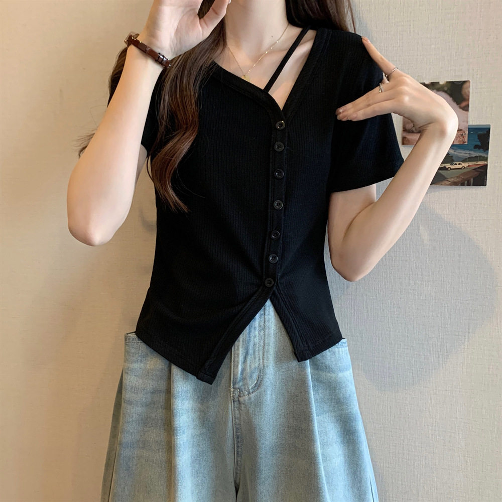 黑色V领短袖设计感T恤女夏季大码胖mm别致小衫显瘦不规则短款上衣