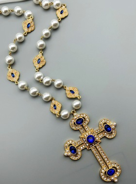 复古重工小众十字架珍珠项链