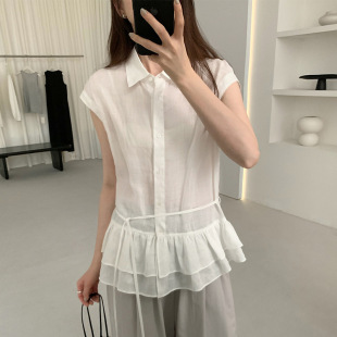 版 衬衫 咕呼 甜美系带荷叶裙摆无袖 显瘦薄上衣好看 女2025夏季 新款