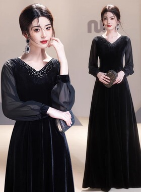 黑色指挥晚礼服丝绒端艺考大合唱团演出女长裙主持人宴会连衣裙