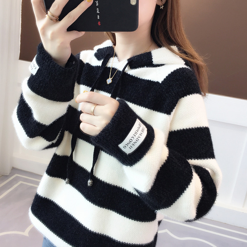 秋冬季新款连帽毛衣仿水貂毛厚款女装宽松条纹撞色学生卫衣外套女