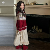 女童2025年春秋新款圣诞毛衣女大童提花连帽针织衫外套可内搭外穿，童装毛衣，祺儿童装