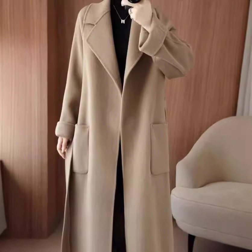 毛呢休闲百搭加长款韩系双面呢大衣女秋冬装纯羊毛宽松大码外套女