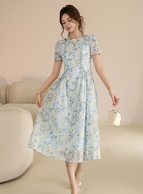 2025夏季新款女装法式圆领镶钻印花连衣裙气质收腰显瘦长裙 21778