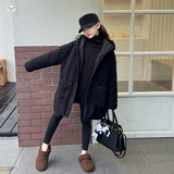 女童2025冬季新款韩系黑色连帽夹棉外套女大童加厚保暖中长款棉衣，童装棉衣，祺儿童装