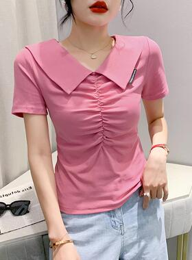 欧洲站女装新款娃娃领设计短袖T恤百搭纯色修身显瘦打底上衣小衫