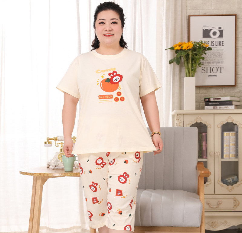 加肥加大码女士夏季纯棉短袖七分裤睡衣 胖MM200斤中青老年家居服