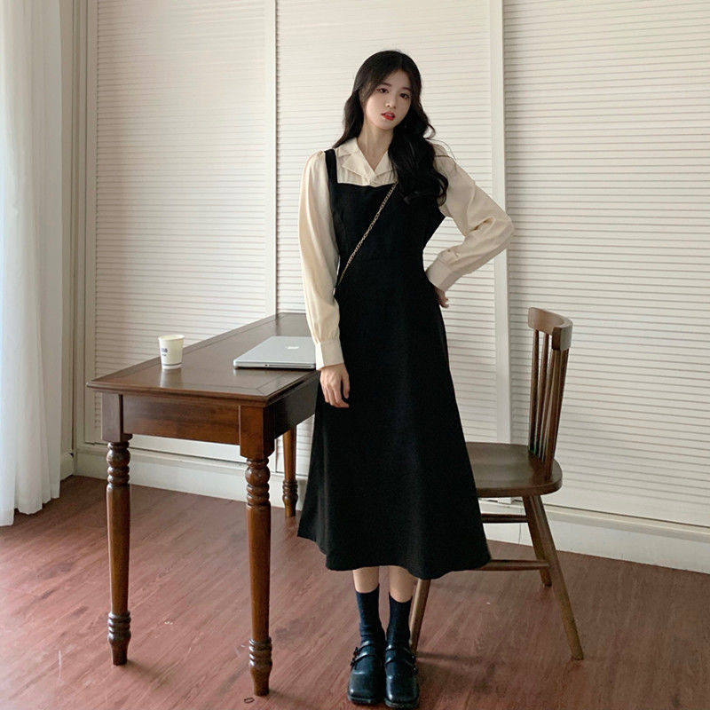 2024春季穿搭新款长袖连衣裙女拼接假两件简约女学生法式小众裙子