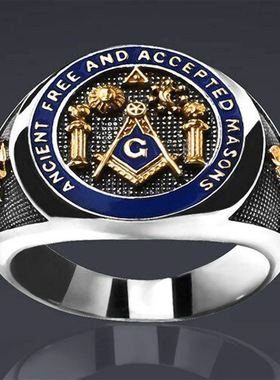 华杰 wwish外贸货源 宗教图腾共济会蓝色滴油双色戒指士指环批