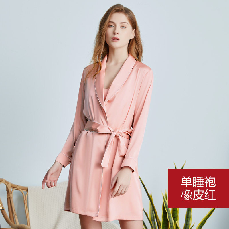 缎面冰丝黑色睡袍新娘晨袍下女仿真丝长袖青果领粉色伴娘睡袍短袍