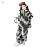 女童条纹睡衣加绒套装2025年冬季新款中大童拉链衫阔腿裤休闲两件，童装家居服（睡衣），祺儿童装