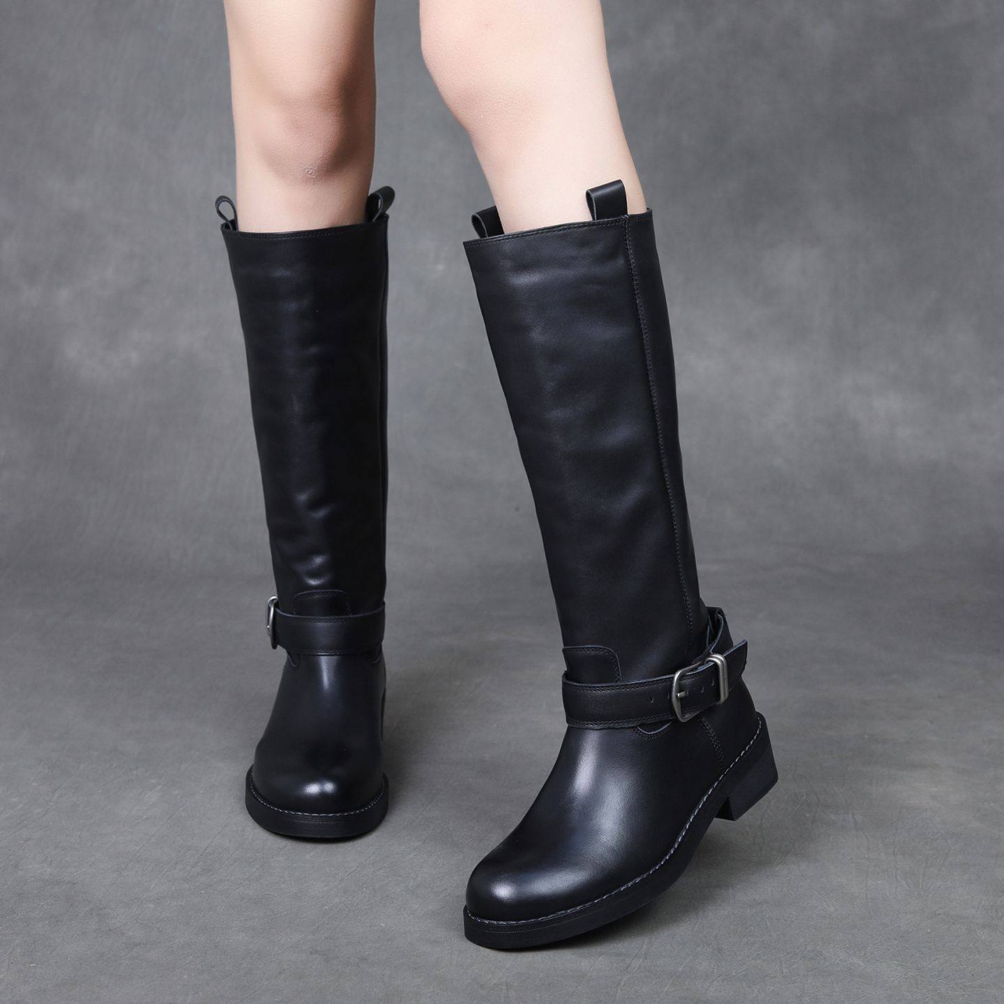 头层牛皮马丁靴粗跟长筒靴复古