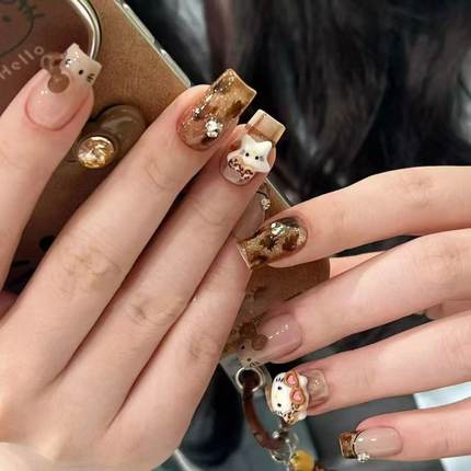 纯手工穿戴甲豹纹Hellokitty可爱卡通格纹星星KT猫法式甜酷美甲贴