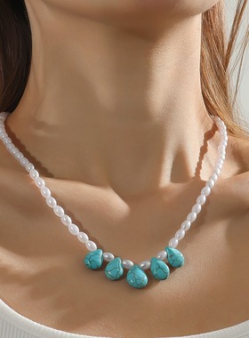 波西米亚度假风水滴松石吊坠珍珠项链适合女士女生度假派对礼物