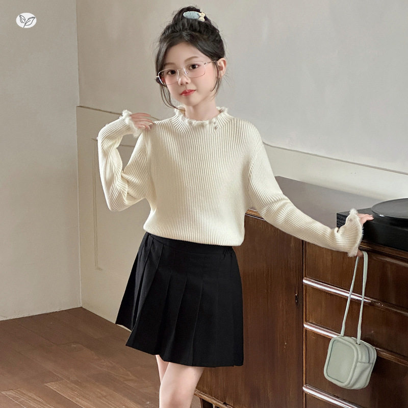 女童2025年春秋新款领边泡珠木耳边毛衣女大童简约时髦内搭针织衫，童装毛衣，祺儿童装