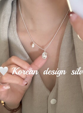 韩版ins风小众设计银饰 S925纯银椭圆凹面圆牌淡水珍珠项链级感