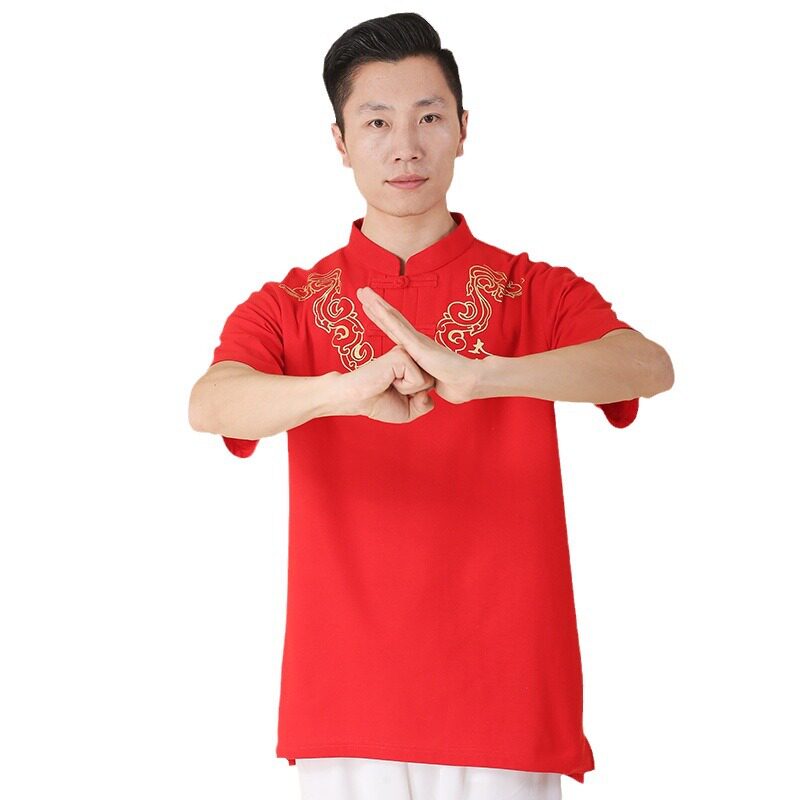 大业亨通太极服T恤纯棉男女通用宝蓝色武术练功服中国风立领刺绣